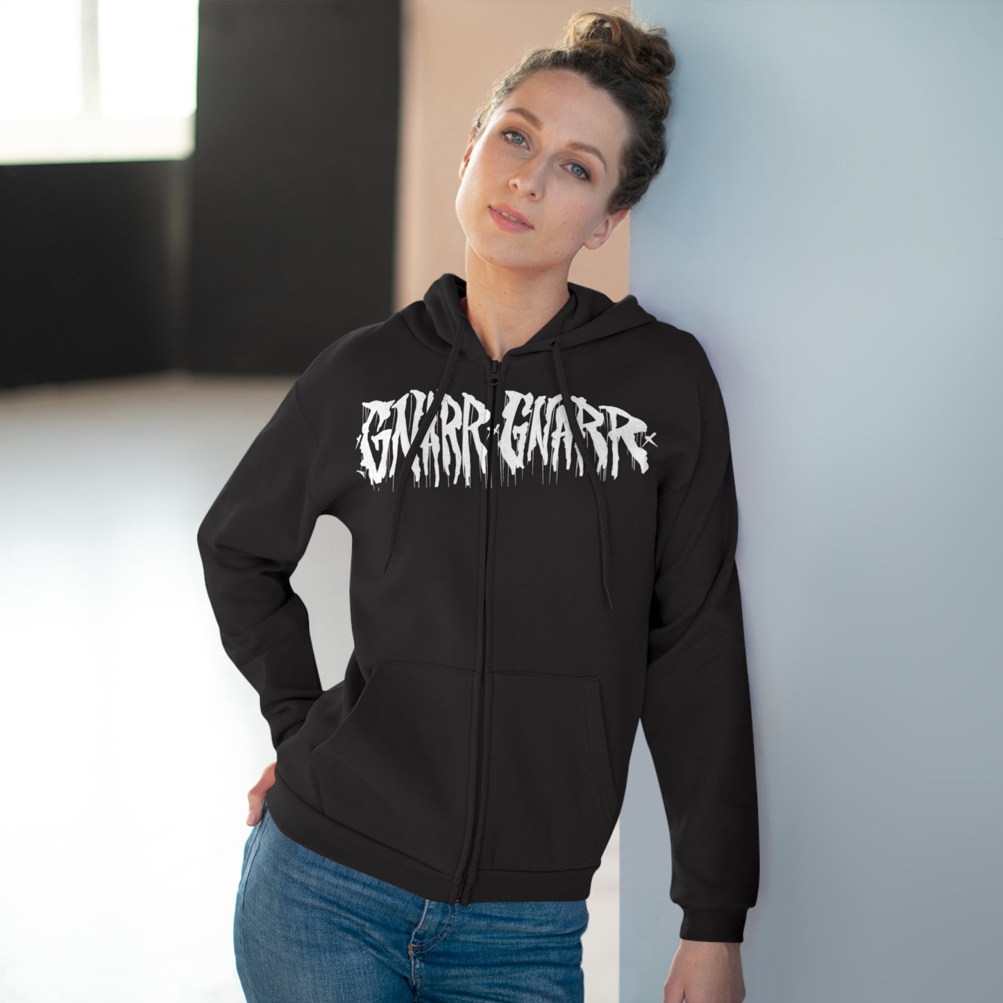 Unisex Zip Hoodie with Gnarr Gnarr Graphic - Alternative Television Vibe