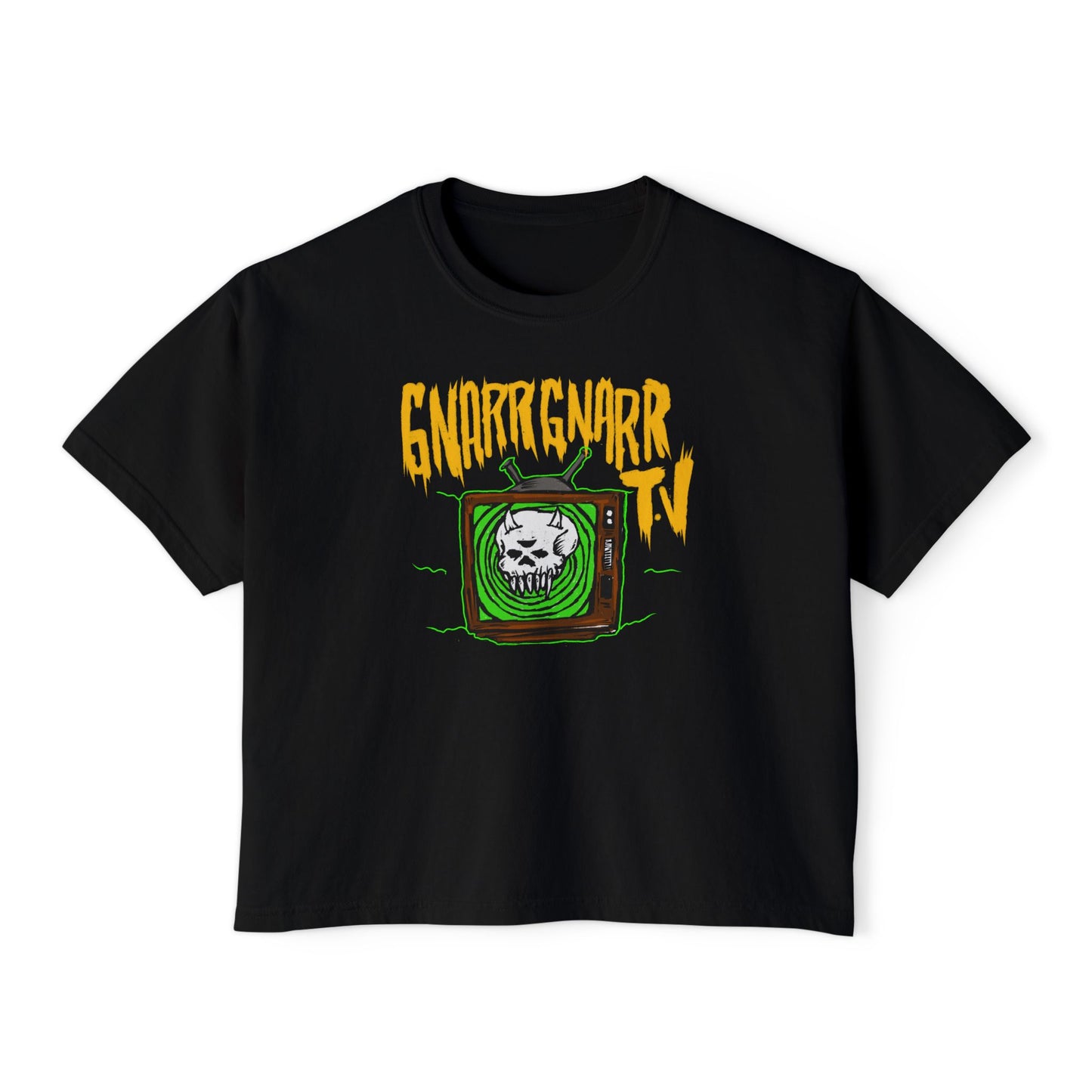 Gnarlgnar TV Skull Graphic Boxy Tee — Women's Retro Horror Band Shirt