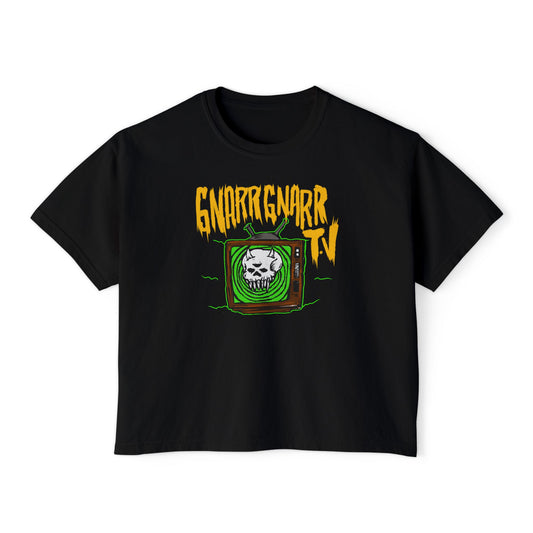 Gnarlgnar TV Skull Graphic Boxy Tee — Women's Retro Horror Band Shirt