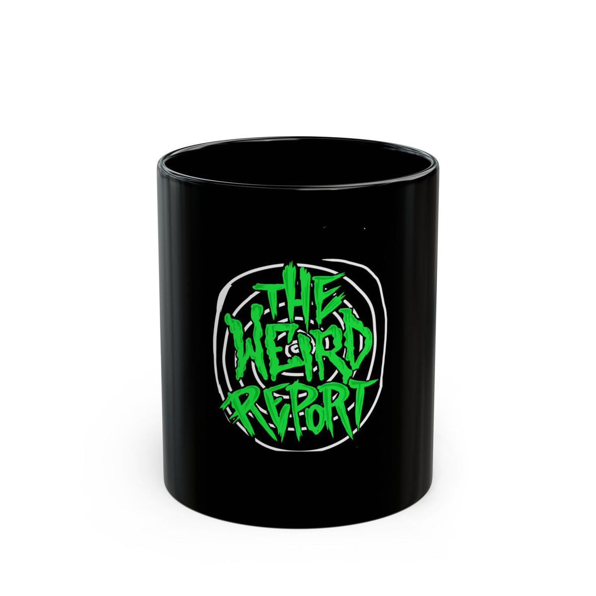 Black Mug — “The Weird Report” Neon Green Logo Coffee Mug