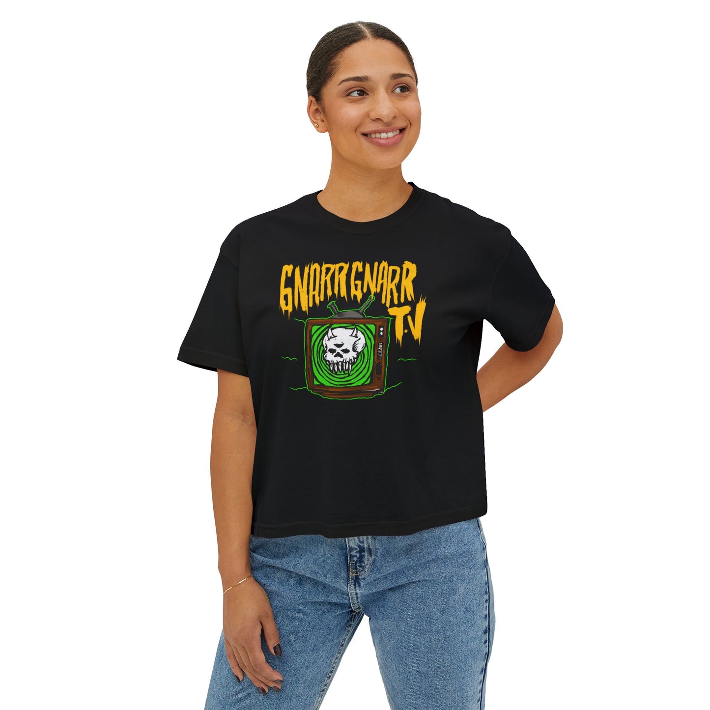 Gnarlgnar TV Skull Graphic Boxy Tee — Women's Retro Horror Band Shirt