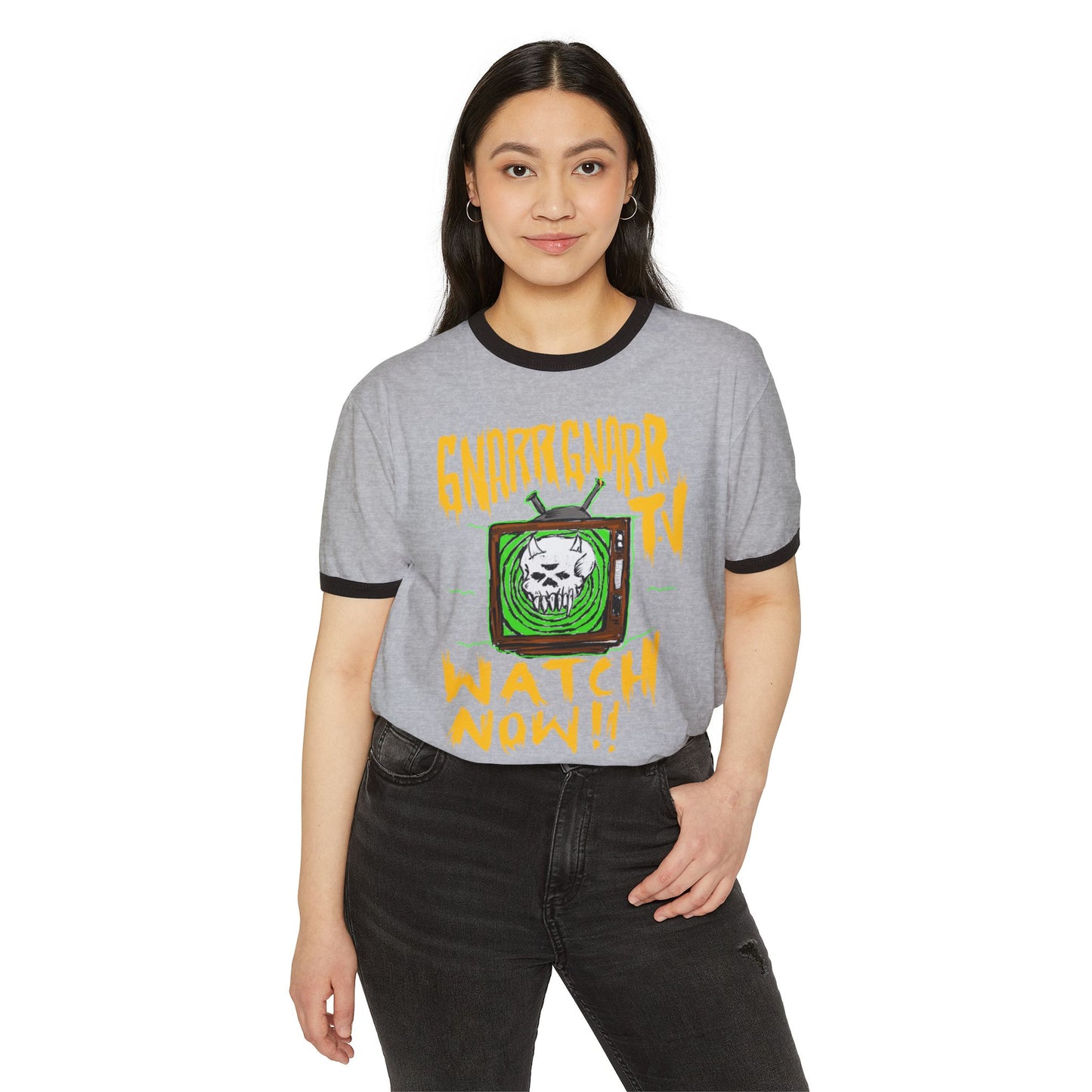 Ringer T-Shirt — "Gnarr Gnarr TV: Watch Now!!" Skull Retro Graphic