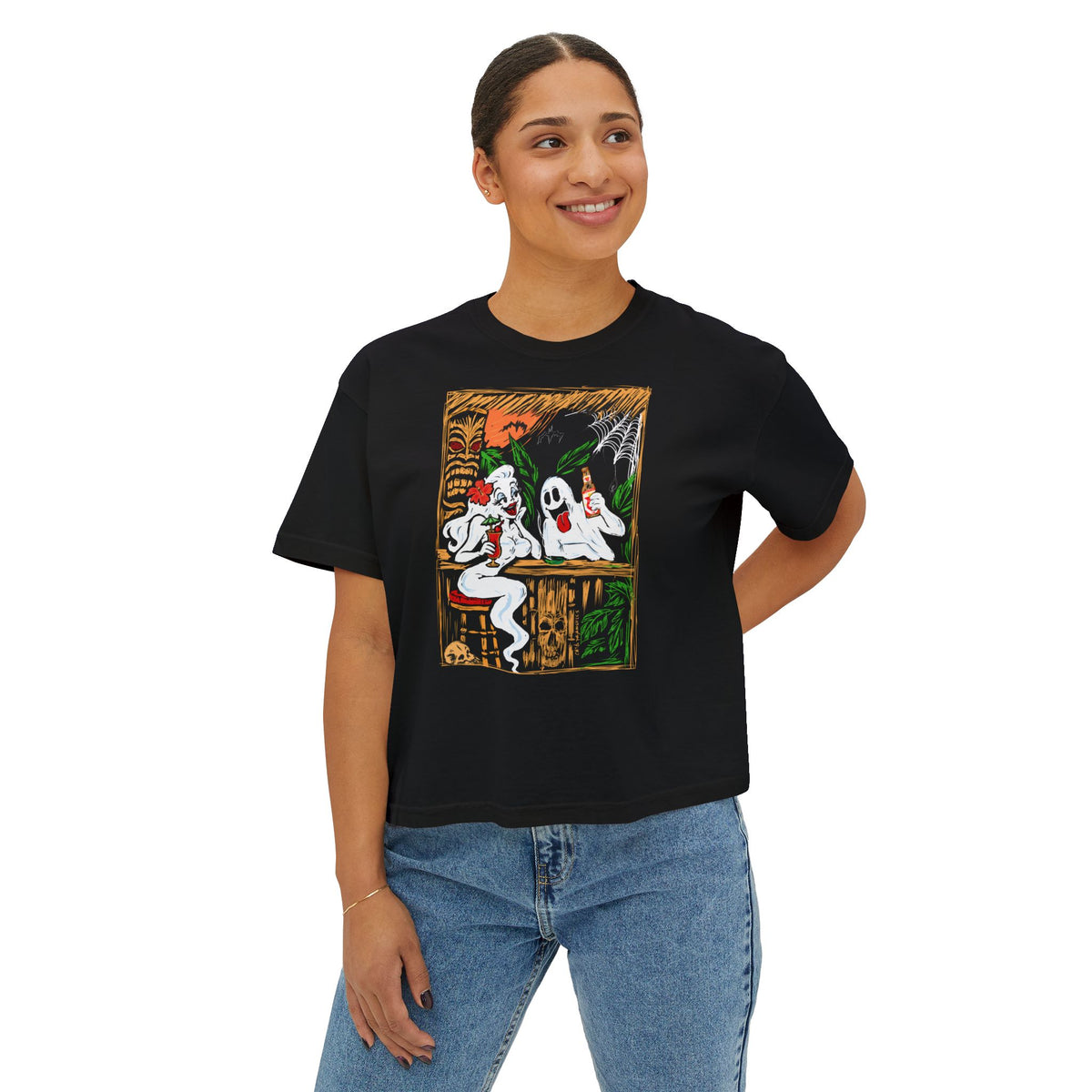 Boos, Booze, and Boo's   Women's Boxy Tee with Vintage Ghosts Halloween Bar Scene