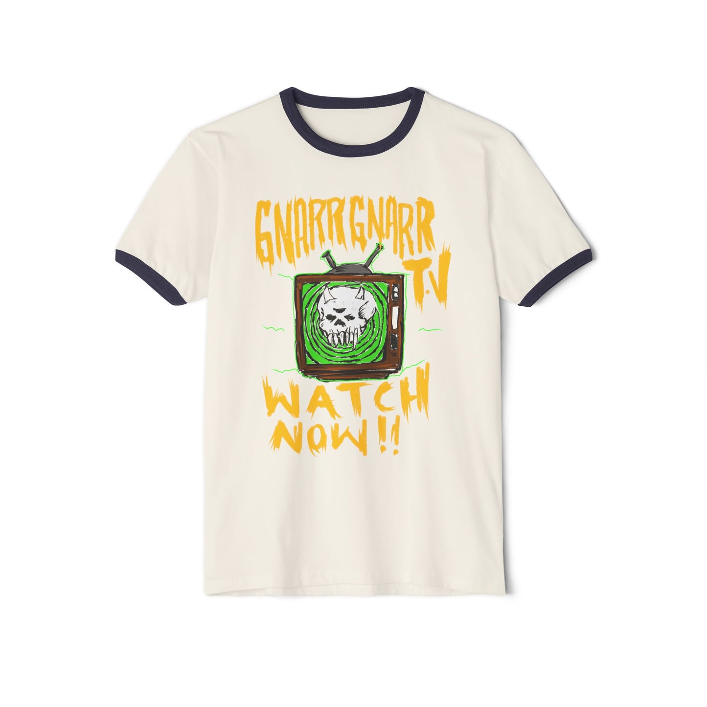 Ringer T-Shirt — "Gnarr Gnarr TV: Watch Now!!" Skull Retro Graphic