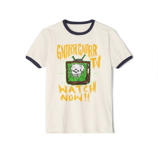 Ringer T-Shirt — "Gnarr Gnarr TV: Watch Now!!" Skull Retro Graphic