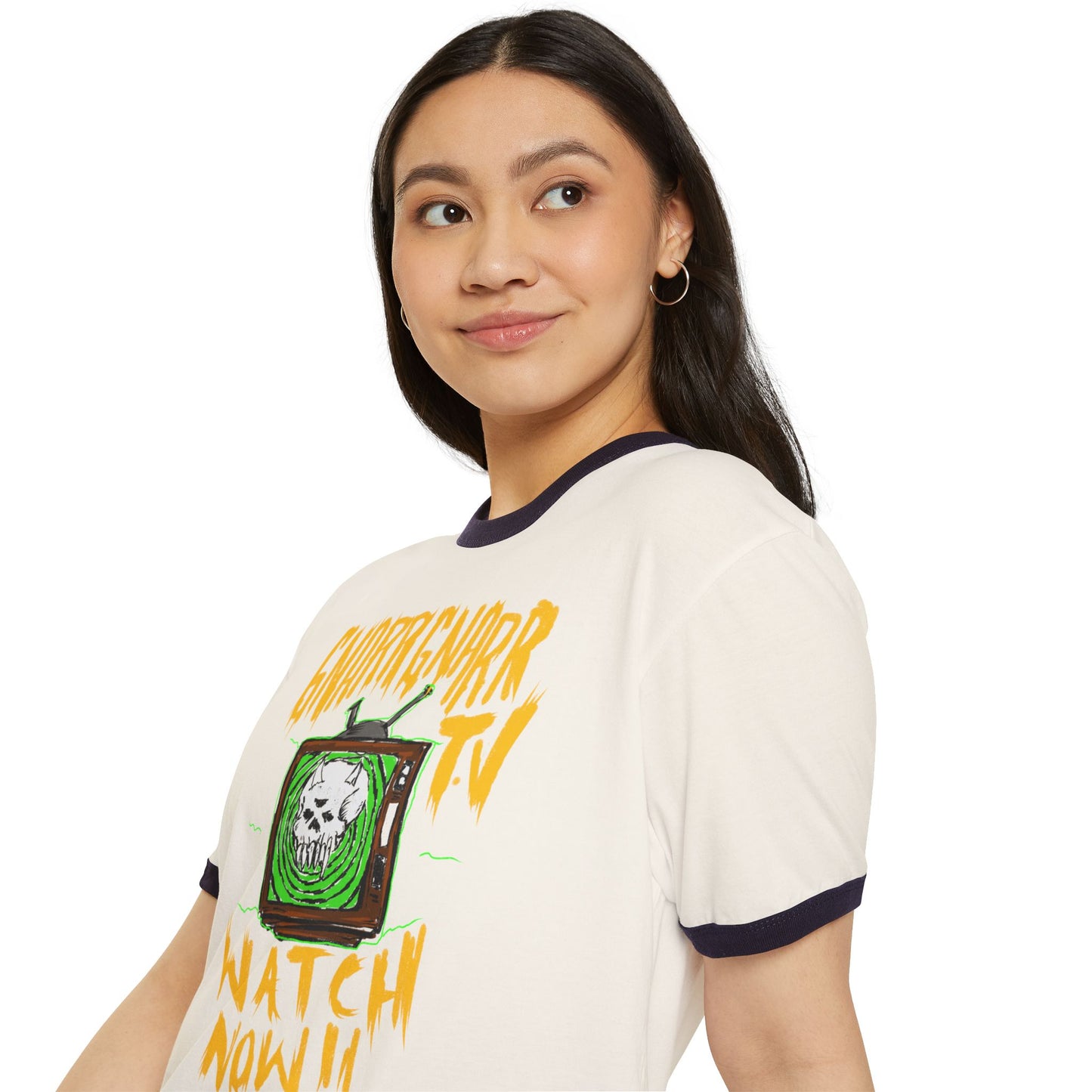 Ringer T-Shirt — "Gnarr Gnarr TV: Watch Now!!" Skull Retro Graphic