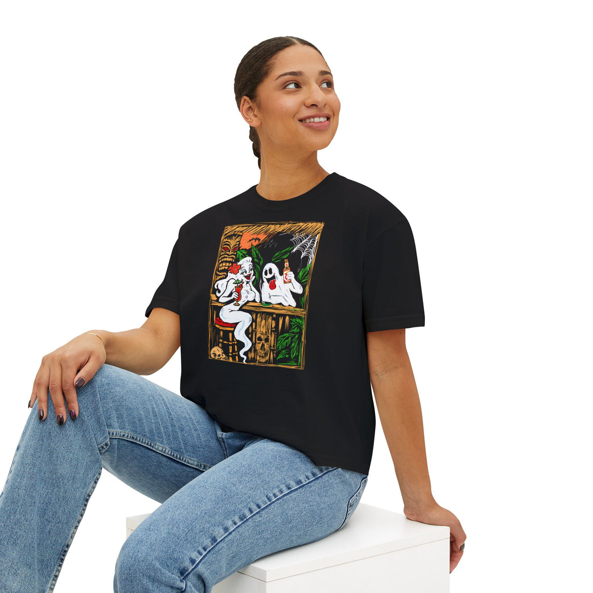 Boos, Booze, and Boo's   Women's Boxy Tee with Vintage Ghosts Halloween Bar Scene