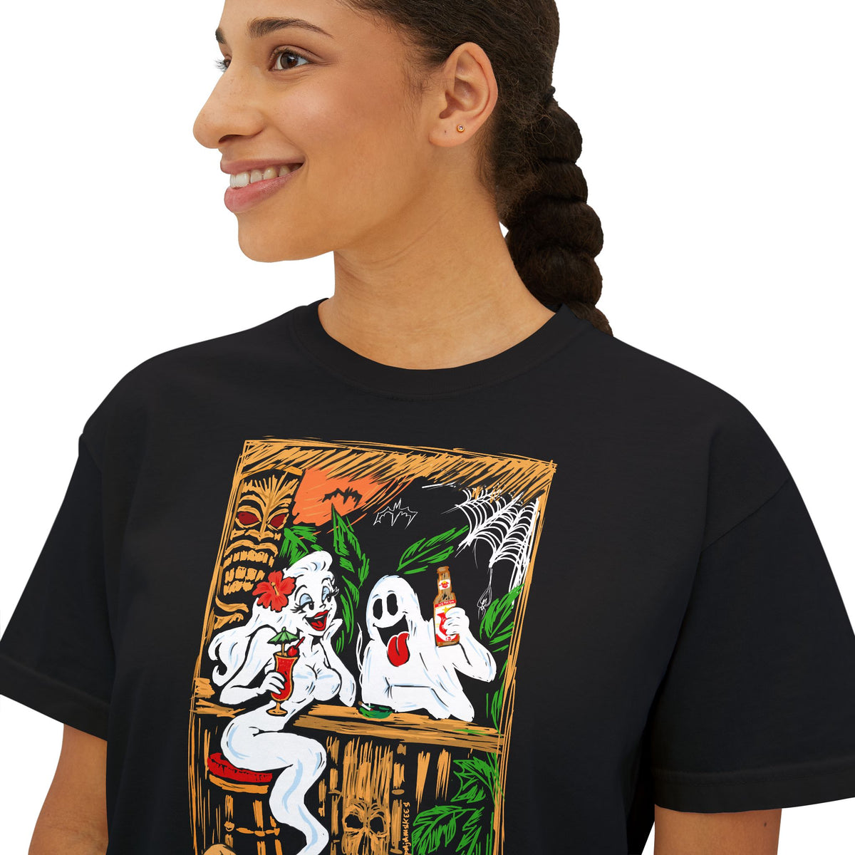 Boos, Booze, and Boo's   Women's Boxy Tee with Vintage Ghosts Halloween Bar Scene