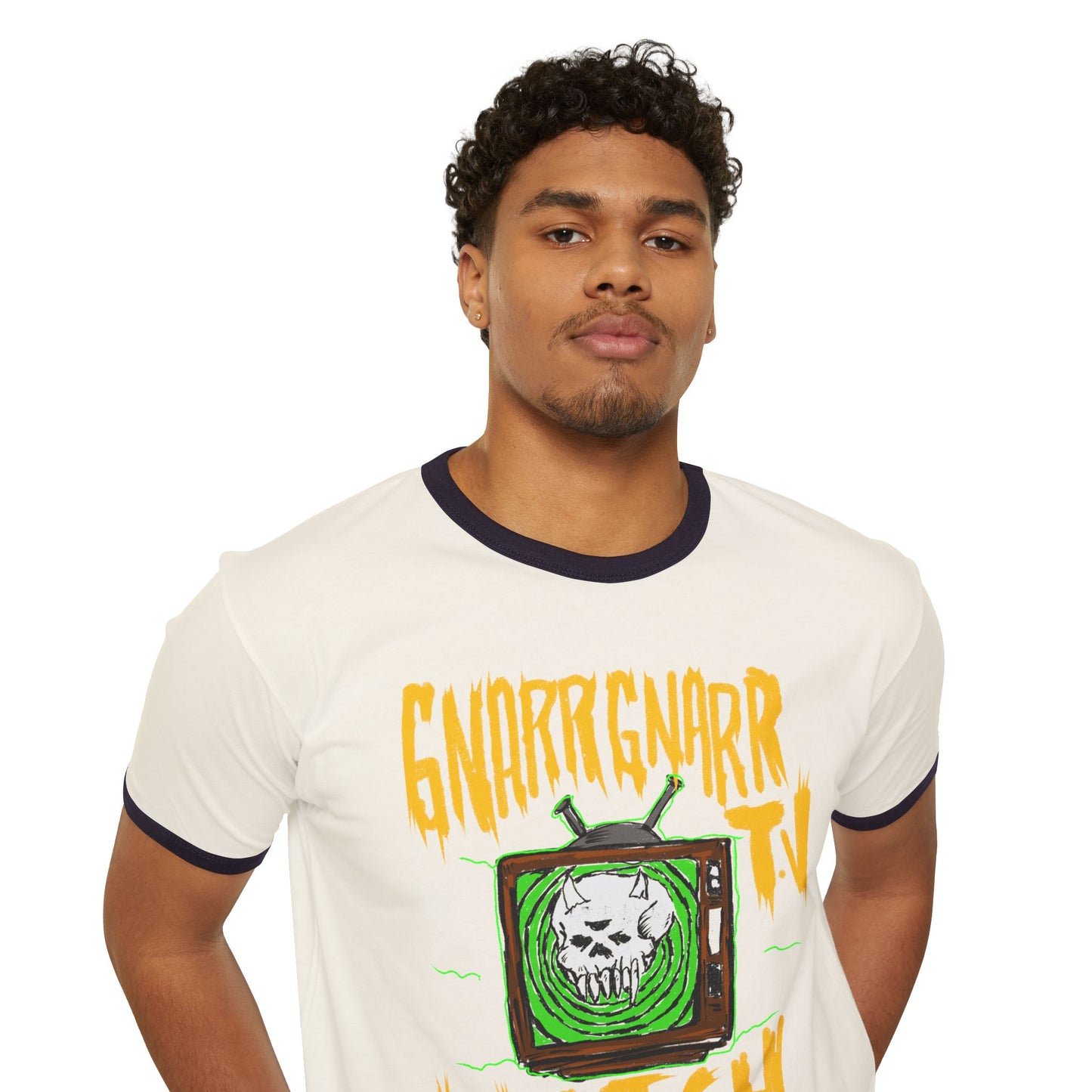Ringer T-Shirt — "Gnarr Gnarr TV: Watch Now!!" Skull Retro Graphic