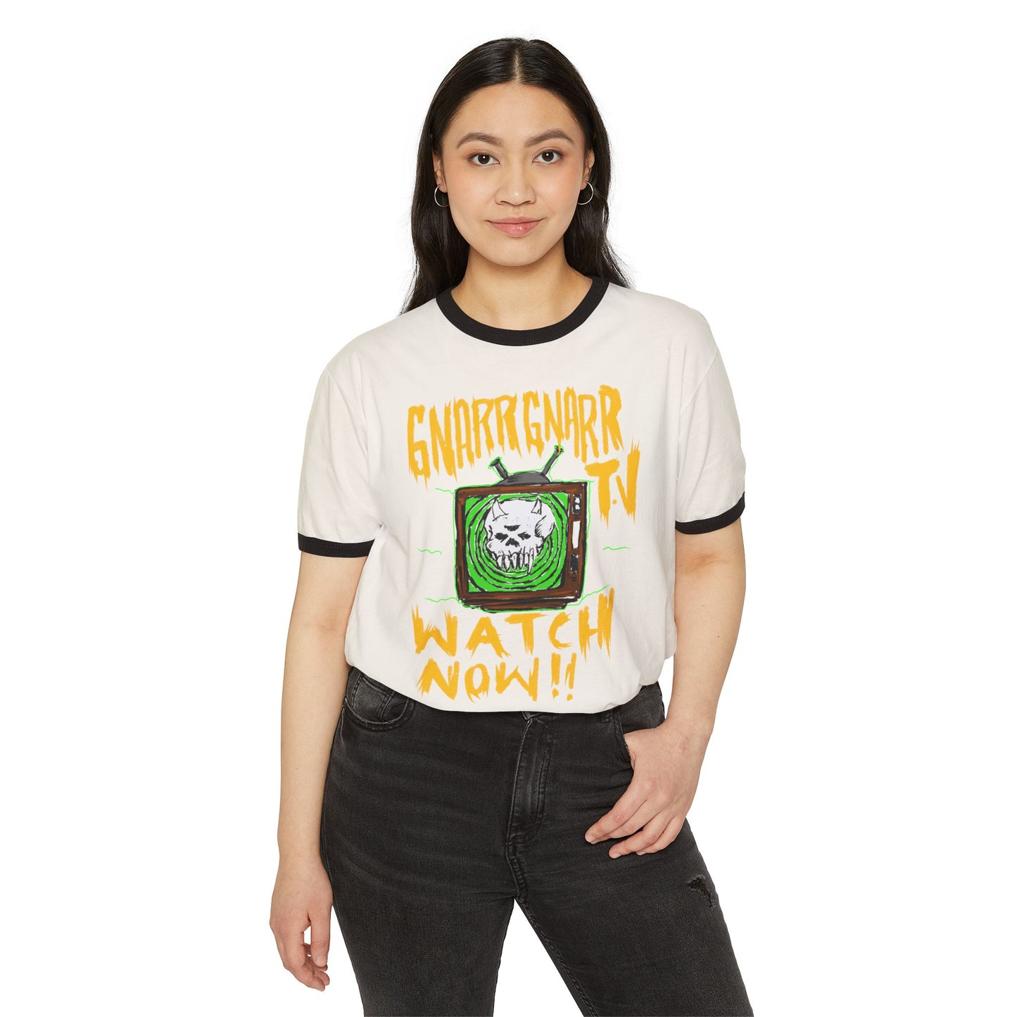 Ringer T-Shirt — "Gnarr Gnarr TV: Watch Now!!" Skull Retro Graphic
