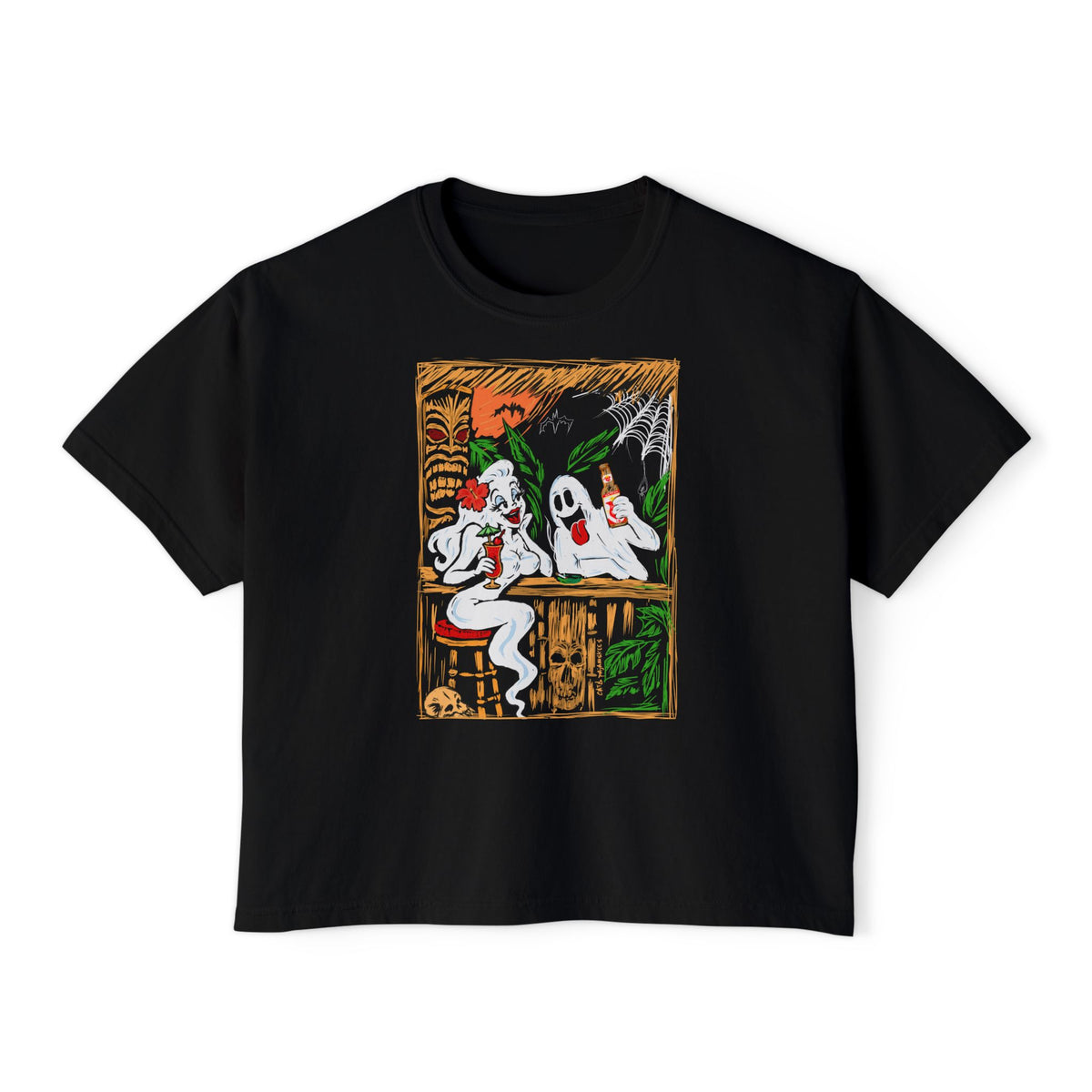 Boos, Booze, and Boo's   Women's Boxy Tee with Vintage Ghosts Halloween Bar Scene