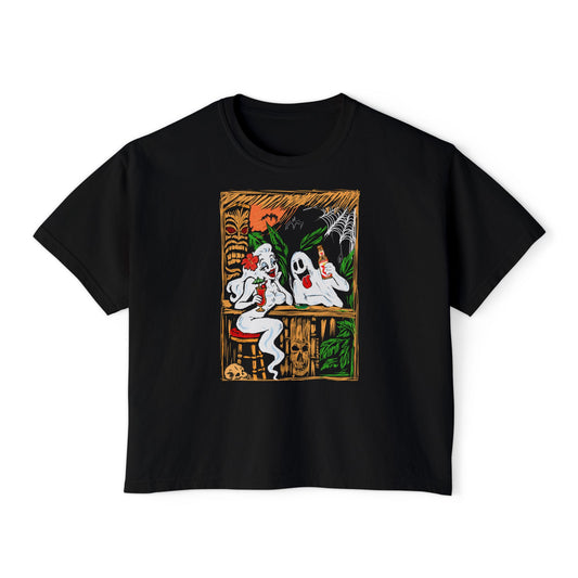 Boos, Booze, and Boo's   Women's Boxy Tee with Vintage Ghosts Halloween Bar Scene