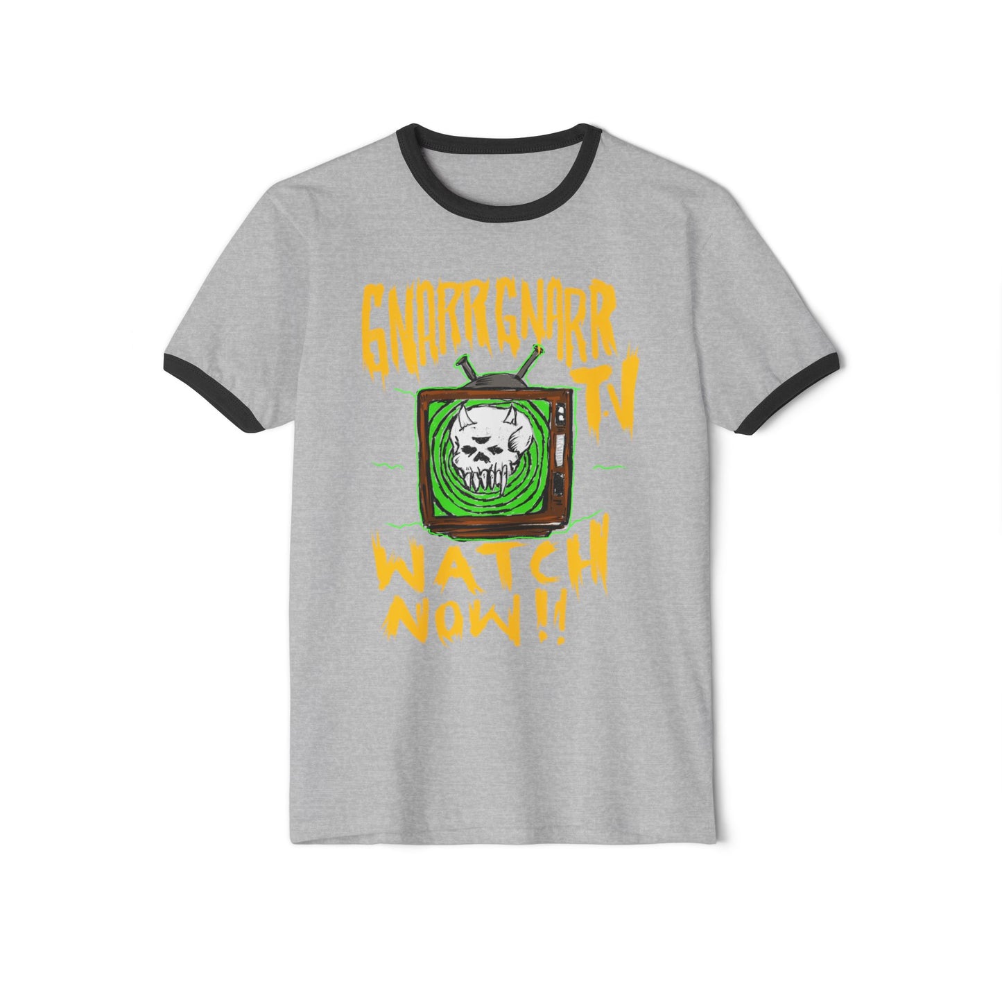 Ringer T-Shirt — "Gnarr Gnarr TV: Watch Now!!" Skull Retro Graphic