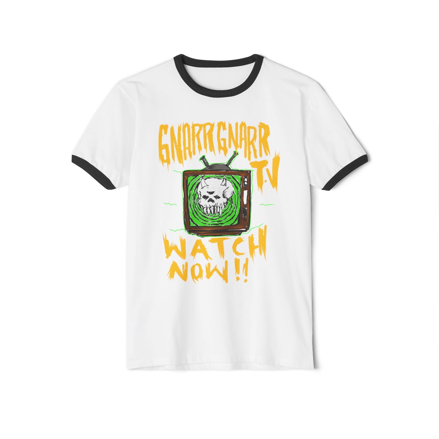 Ringer T-Shirt — "Gnarr Gnarr TV: Watch Now!!" Skull Retro Graphic